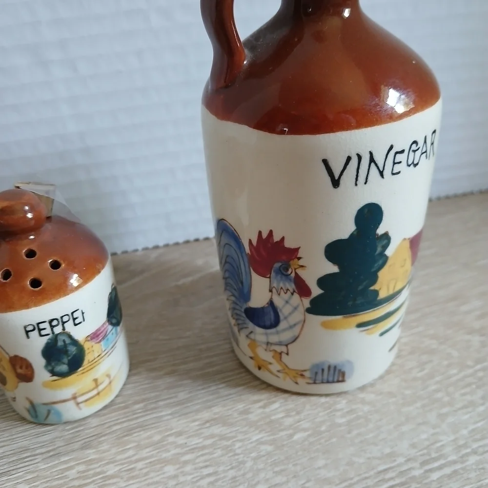 VTG RELCO JAPAN Blue Rooster Brown Stoneware VINEGAR with PEPPER